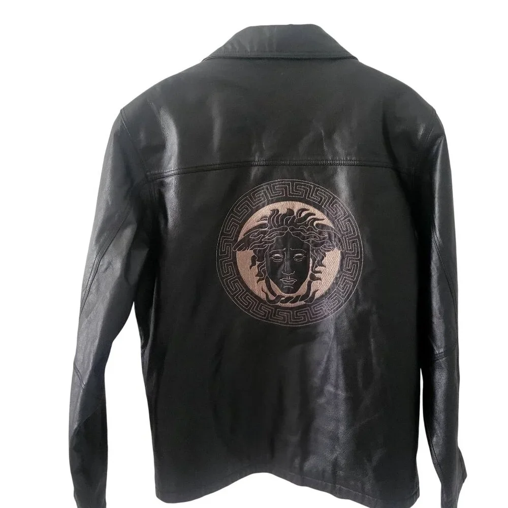 Men's Black Leather Jacket Outwear Stylish Embroidery Front & Back -M‎ - Picture 7 of 10